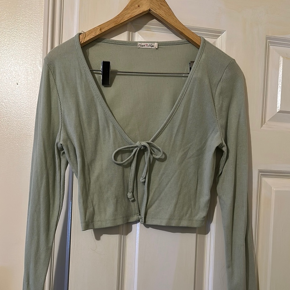 Heart Hips Green Long Sleeve Tie Front Crop Blouse